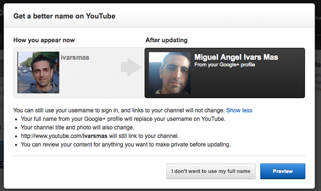 YouTube nombre real de Google Plus